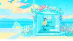  1girl bag bench bird black_footwear blue_eyes blue_pants blue_sky blue_theme clouds cloudy_sky flower long_hair long_sleeves no_nose original pants penguin pink_flower plant shoes shoulder_bag sitting sky solo sweater tabisumika wide_shot yellow_sweater 