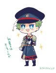  :d armor blue_eyes blush_stickers bow bowtie enfield_(senjuushi) gloves green_hair hat highres male_focus peaked_cap senjuushi:_the_thousand_noble_musketeers_rhodoknight senjuushi_(series) shoulder_armor smile sparkle toriyasuiyo vambraces white_gloves 