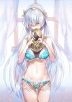 1girl anastasia_(fate) bangs bare_shoulders blue_eyes blush bra breasts doll emoillu eyebrows_visible_through_hair facing_viewer fate/grand_order fate_(series) full_body hair_between_eyes hair_ornament large_breasts lingerie long_hair looking_at_viewer navel silver_hair simple_background solo thigh-highs underwear viy_(fate) window 