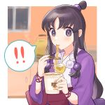  1girl ace_attorney black_hair eating food hair_ornament half_updo highres japanese_clothes jewelry kettle long_hair looking_at_viewer magatama maya_fey necklace ramen rin_(yukameiko) solo violet_eyes 