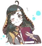  1girl ahoge alternate_hair_color bangs black_hair bodystocking book breast_cutout breasts bridal_gauntlets cape circlet closed_mouth fire_emblem fire_emblem_fates grey_eyes holding holding_book long_hair looking_at_viewer mari_mokomo medium_breasts ophelia_(fire_emblem) simple_background smile solo 
