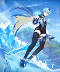  1girl absurdres bangs black_footwear black_gloves blue_cape blue_hair blue_necktie blue_sky boots cape closed_mouth eula_(genshin_impact) full_body genshin_impact gloves headband high_heels highres holding holding_sword holding_weapon ice long_sleeves looking_at_viewer necktie short_hair sky standing sword thigh-highs thigh_boots tingyu_(490101957) water weapon yellow_eyes 