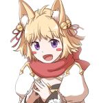  1girl :d animal_ear_fluff animal_ears arch_bishop_(ragnarok_online) bangs bell black_dress blonde_hair blush_stickers breasts cleavage_cutout clothing_cutout commentary_request cross dress eyebrows_visible_through_hair fingers_together fox_ears hair_bell hair_ornament hair_ribbon jingle_bell juliet_sleeves long_sleeves looking_at_viewer natsuya_(kuttuki) open_mouth puffy_sleeves ragnarok_online red_ribbon red_scarf ribbon scarf short_hair simple_background small_breasts smile solo two-tone_dress upper_body white_background white_dress 