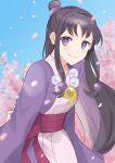  1girl absurdres ace_attorney black_hair closed_mouth hair_ornament half_updo highres japanese_clothes jewelry kimono long_hair looking_at_viewer magatama maya_fey necklace rin_(yukameiko) smile solo violet_eyes 