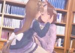  2girls adapted_costume animal_ears from_side grass_wonder_(umamusume) hand_on_another&#039;s_face horse_ears horse_girl library long_hair multicolored_hair multiple_girls paayan_(hagakinorock54) special_week_(umamusume) streaked_hair umamusume violet_eyes yuri 