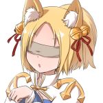  1girl animal_ear_fluff animal_ears arch_bishop_(ragnarok_online) bangs bell blindfold blonde_hair blue_dress cleavage_cutout clothing_cutout commentary_request cross dress eyebrows_visible_through_hair fox_ears hair_bell hair_ornament hair_ribbon high_ponytail jingle_bell natsuya_(kuttuki) open_mouth ponytail ragnarok_online red_ribbon ribbon short_hair simple_background solo two-tone_dress upper_body white_background white_dress 