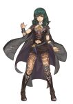  1girl bangs black_footwear black_shorts blue_eyes boots breasts byleth_(fire_emblem) byleth_eisner_(female) closed_mouth detached_collar fadingz fire_emblem fire_emblem:_three_houses green_hair highres knee_boots long_hair medium_breasts midriff navel pantyhose sheath sheathed shiny shiny_hair short_shorts shorts signature simple_background solo standing stomach sword weapon white_background 