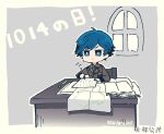  1boy blue_eyes blue_hair desk frown indoors kyoudou_granbird male_focus military military_uniform senjuushi:_the_thousand_noble_musketeers senjuushi_(series) sitting solo toriyasuiyo uniform v-shaped_eyebrows writing 