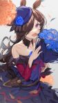  1girl 523_(user_efcm2455) :d absurdres animal_ears bare_shoulders blue_flower blue_headwear blue_rose blush bouquet brown_hair collarbone crying crying_with_eyes_open detached_collar detached_sleeves dress flower from_below hair_over_one_eye happy_tears highres holding holding_bouquet horse_ears long_hair long_sleeves looking_at_viewer looking_up open_mouth petals purple_dress rice_shower_(umamusume) rose sheath sheathed smile solo strapless strapless_dress tears tilted_headwear umamusume very_long_hair violet_eyes weapon 