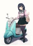  1girl absurdres bag black_footwear black_hair black_legwear black_skirt blush brown_background brown_eyes ground_vehicle highres idolmaster idolmaster_shiny_colors long_hair long_sleeves mayuzumi_fuyuko misaki_nonaka moped motor_vehicle open_mouth pink_shirt plastic_bag pleated_skirt shirt shoes skirt solo standing suspender_skirt suspenders sweat thigh-highs very_long_hair wavy_mouth 