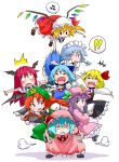  /\/\/\ angry aono3 chibi cirno flandre_scarlet hat highres hong_meiling human_tower izayoi_sakuya koakuma musical_note open_mouth patchouli_knowledge remilia_scarlet ribbon rumia the_embodiment_of_scarlet_devil touhou 