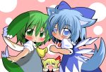  3girls animal_ears bad_id blonde_hair blue_eyes blue_hair bow cirno closed_eyes com daiyousei dog_ears dog_tail fang green_eyes green_hair hair_bow hair_ribbon kemonomimi_mode multiple_girls open_mouth ribbon rumia short_hair side_ponytail tail touhou wings 