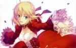  braid breasts cleavage dress epaulettes fate/extra fate/stay_night fate_(series) green_eyes hair_ribbon highres petals ribbon saber saber_extra solo takeuchi_takashi wallpaper 