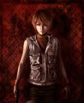  female gun handgun heather_mason jacket kotaro_(artist) kotaro_(kotaillust) miniskirt short_hair silent_hill silent_hill_3 skirt sleeveless sleeveless_turtleneck solo turtleneck vest weapon wristband 