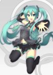  bad_id blue_eyes detached_sleeves garuku hand_on_headphones hatsune_miku headphones headset highres kneeling legs long_hair necktie open_mouth outstretched_arm outstretched_hand panties pantyshot reaching skirt thigh-highs thighhighs twintails underwear very_long_hair vocaloid 