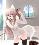  1girl animal_ears black_legwear black_thighhighs bottomless cat_ears cat_tail glasses long_hair mouth_hold ribbon shin_(new) solo tail thigh-highs thighhighs 