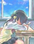  classroom closed_eyes desk hikari_(pokemon) long_hair pokemon school_uniform sleeping window 