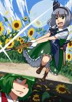  blue_eyes boots cross-laced_footwear flower flower_field ghost gloves green_eyes green_hair hair_over_one_eye hairband hedge_trimmer kazami_yuuka konpaku_youmu konpaku_youmu_(ghost) lace-up_boots light_trail myon petals plaid_vest red_eyes shaded_face shears short_hair silver_hair sunflower touhou wink 