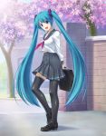 alternate_costume aqua_hair arms_behind_back blue_eyes cherry_blossoms hatsune_miku highres legs loafers long_hair open_mouth school_uniform serafuku shiny shoes solo thigh-highs thighhighs twintails very_long_hair vocaloid wacchi zettai_ryouiki 