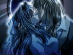  blue_hair couple game_cg hair_ribbon kiss long_hair night ribbon star window 