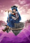 bird blue_hair food fruit hat hinanawi_tenshi keystone leaf long_hair long_skirt peach red_eyes shimenawa sinzire sitting skirt solo sword sword_of_hisou touhou weapon