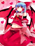  bad_id bare_shoulders blue_eyes bow cosplay detached_sleeves hair_bow hair_tubes hakurei_reimu hakurei_reimu_(cosplay) heart midriff navel red_eyes remilia_scarlet sarashi short_hair solo touhou wings yutazou 