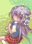  gyokuto hanyuu head_wreath higurashi_no_naku_koro_ni kneehighs long_hair looking_up purple_eyes purple_hair school_uniform sitting skirt socks sweater_vest violet_eyes 