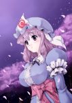  cherry_blossoms hat highres nekohane_ryou night petals pink_eyes pink_hair saigyouji_yuyuko short_hair solo tears touhou 