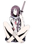  bandage barefoot eyepatch feet iwai_ryo iwai_ryou original purple_eyes purple_hair ryo_iwai school_uniform seifuku short_hair sword violet_eyes weapon 