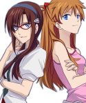  back-to-back back_to_back blue_eyes brown_hair camisole evangelion:_2.0_you_can_(not)_advance glasses hairband kamosuke long_hair makinami_mari_illustrious multiple_girls necktie neon_genesis_evangelion orange_hair rebuild_of_evangelion school_uniform shikinami_asuka_langley smile souryuu_asuka_langley twintails 