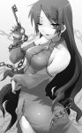  bare_shoulders breasts chain detached_sleeves elbow_gloves gloves key long_hair monochrome nilitsu side_slit very_long_hair wink 