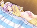  bed blush bottomless konoe_nanami lamune lingerie pajamas panties pants_pull purple_hair purple_panties shirt_lift sleeping striped striped_panties underwear 
