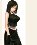 1girl black_gloves black_hair breasts brown_eyes closed_mouth feet_out_of_frame female final_fantasy final_fantasy_vii final_fantasy_vii_advent_children gloves large_breasts lipstick long_hair midriff skirt sleeveless smile solo standing suhara_(protea) tank_top tifa_lockhart