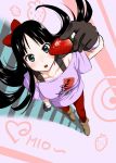  akiyama_mio black_eyes black_hair boots bow breasts casual food from_above fruit gloves hair_bow highres holding holding_fruit k-on! listen!! long_hair pantyhose red_legwear solo strawberry zaxwu 