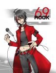  1boy ahoge collar male microphone midriff multicolored_hair navel red_eyes rook_(utau) short_hair solo utau 