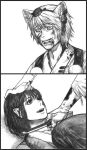  commentary face fangs graphite_(medium) hat inubashiri_momiji knife kobushi monochrome shameimaru_aya touhou traditional_media 