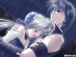  1girl blue_eyes blue_hair boy chin_rest closed_eyes couple cry emilia_(vagrants) game_cg girl hairpods hug night open_mouth outdoors rain silver_hair sion_(vagrants) studio_ego tears vagrants watermark yamamoto_kazue 