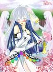  alternate_costume bare_shoulders blue_hair blush bouquet bride dress hinanawi_tenshi long_hair silversirius touhou veil wedding_dress 