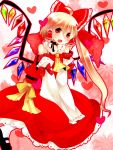  ahoge bad_id bare_shoulders blonde_hair bow cosplay detached_sleeves fang flandre_scarlet hair_bow hair_tubes hakurei_reimu hakurei_reimu_(cosplay) heart if_they_mated long_hair red_eyes side_ponytail solo touhou wings yutazou 