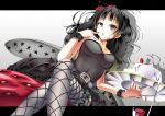  1girl akiyama_mio alternate_hairstyle antenna antennae belt black_eyes black_hair cake crossed_legs dress dutch_angle fishnet_pantyhose fishnets food fruit gumitaroo k-on! listen!! long_hair pantyhose pastry sitting solo strapless_dress strawberry wings 