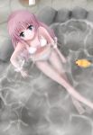 blue_eyes blush_stickers highres ixen-fei long_hair looking_up onsen original pink_hair rubber_duck solo submerged swimsuit 