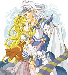  aosena armor blonde_hair blue_eyes bridal_gauntlets cape cecil_harvey couple earrings female final_fantasy final_fantasy_iv hair_ornament leotard long_hair male rosa_farrell shoulder_pads smile tiara violet_eyes white_hair 