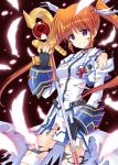  brown_hair feathers fingerless_gloves gloves long_hair mahou_shoujo_lyrical_nanoha mahou_shoujo_lyrical_nanoha_strikers nean purple_eyes raising_heart smile staff takamachi_nanoha thigh-highs thighhighs torn_clothes torn_thighhighs twintails violet_eyes white_devil 