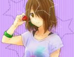  brown_hair dango_(hndng) earrings food fruit hair_over_one_eye hirasawa_yui holding holding_fruit jewelry k-on! listen!! solo star strawberry 