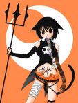  black_hair cat_ears halloween mouth_hold pitchfork red_eyes short_hair tail 