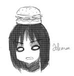  food hamburger johanz kasuga_ayumu monochrome object_on_head 