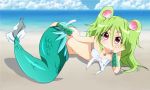  1girl beach clam clouds green_hair hair_ornament long_hair mermaid monster_girl mound_of_venus muromi-san namiuchigiwa_no_muromi-san navel red_eyes shell sky smile solo spiceg twintails 