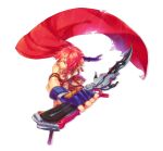  bad_id blue_eyes cape curly_hair final_fantasy final_fantasy_xiii fingerless_gloves from_above gloves hachinosaku hassaku_(kuramatengu) highres lightning_(ff13) lightning_farron perspective pink_hair simple_background solo strap sword torn_clothes weapon 