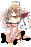  brown_hair cleavage dress elbow_gloves empty_eyes gloves hair_ornament halo large_breasts long_hair original pocky pointing polka_dot solo strapless_dress thigh_strap toki_ai wings 