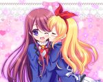  2girls aikatsu! blonde_hair blush brown_hair cheek_kiss closed_eyes headband heart hoshimiya_ichigo kiss multiple_girls open_mouth school_uniform shibuki_ran shirato_sayuri smile sparkle violet_eyes wink yuri 